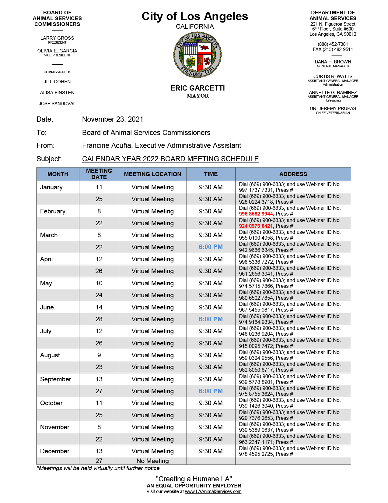 Board Meeting Schedule